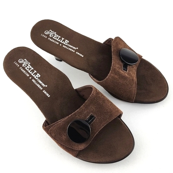 Helle Comfort Brown Suede Chrome Kitty Heeled Slip On Sandals Arch Support Sz 38 - Picture 15 of 16